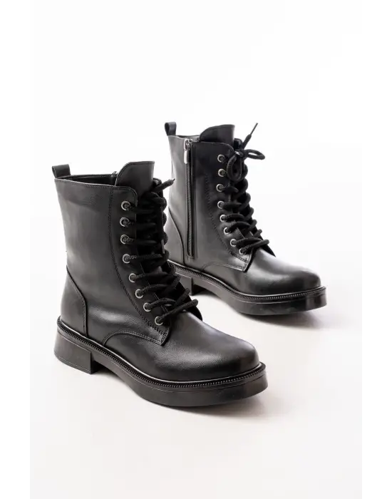 Siyah Düz Topuklu Bağcıklı Fermuarlı Günlük Kadın Bot