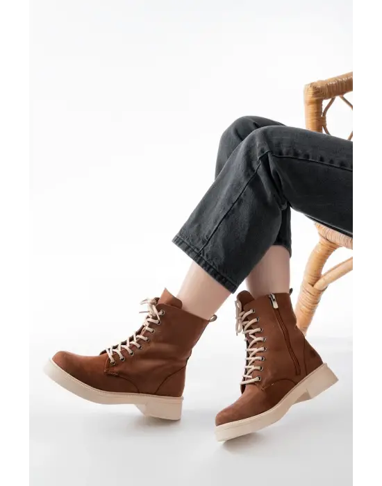 Taba Süet Düz Topuklu Bağcıklı Fermuarlı Günlük Kadın Bot