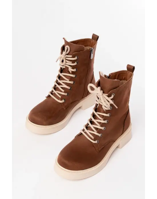 Taba Süet Düz Topuklu Bağcıklı Fermuarlı Günlük Kadın Bot