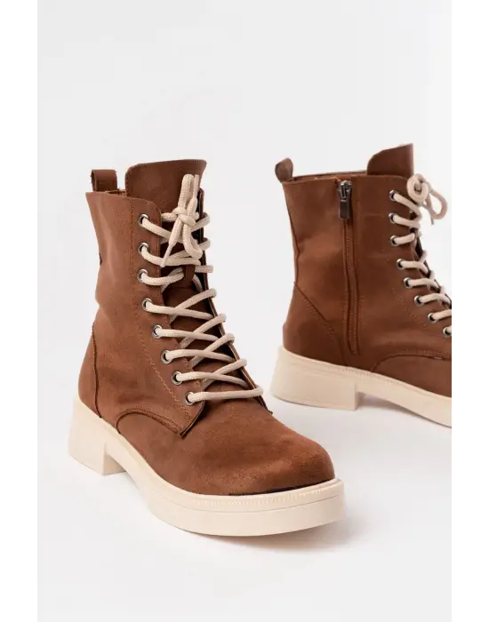 Taba Süet Düz Topuklu Bağcıklı Fermuarlı Günlük Kadın Bot