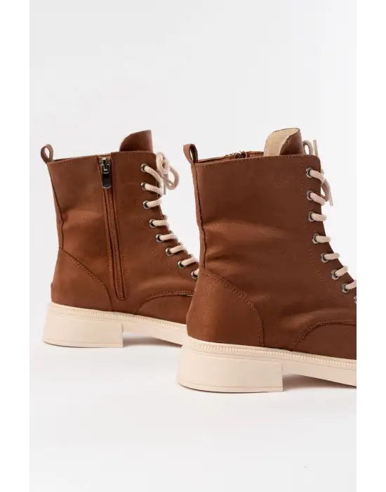 Taba Süet Düz Topuklu Bağcıklı Fermuarlı Günlük Kadın Bot