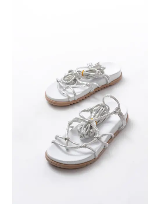 1001-1001 Beyaz Gümüş  Bilekten Bağcıklı Kadın Sandalet