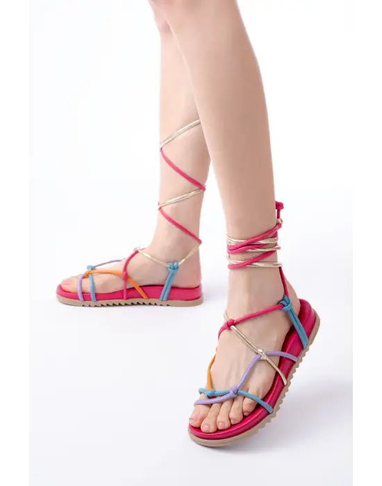 1001-1001 Fuşya Multi Bilekten Bağcıklı Kadın Sandalet