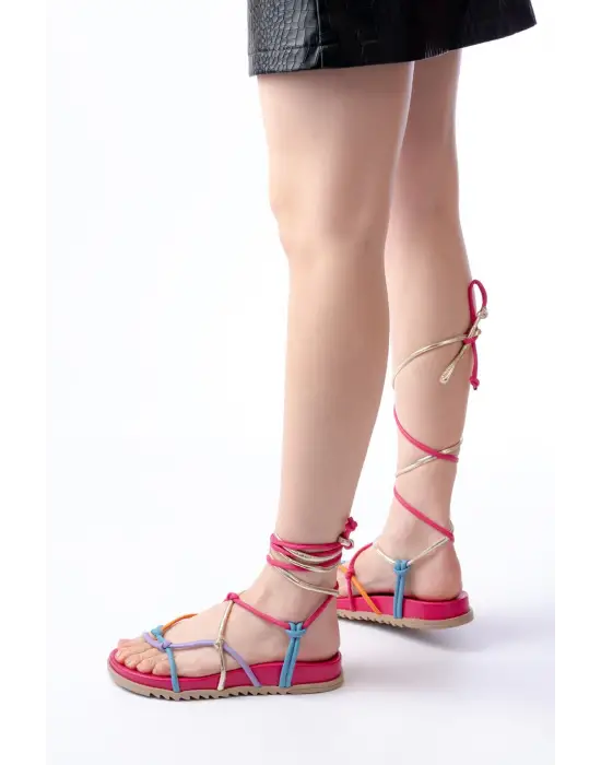 1001-1001 Fuşya Multi Bilekten Bağcıklı Kadın Sandalet