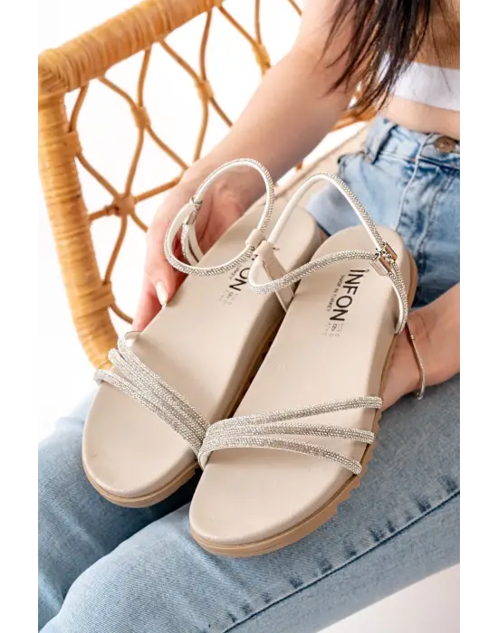 Bej Gümüş Taşlı Günlük Kadın Sandalet