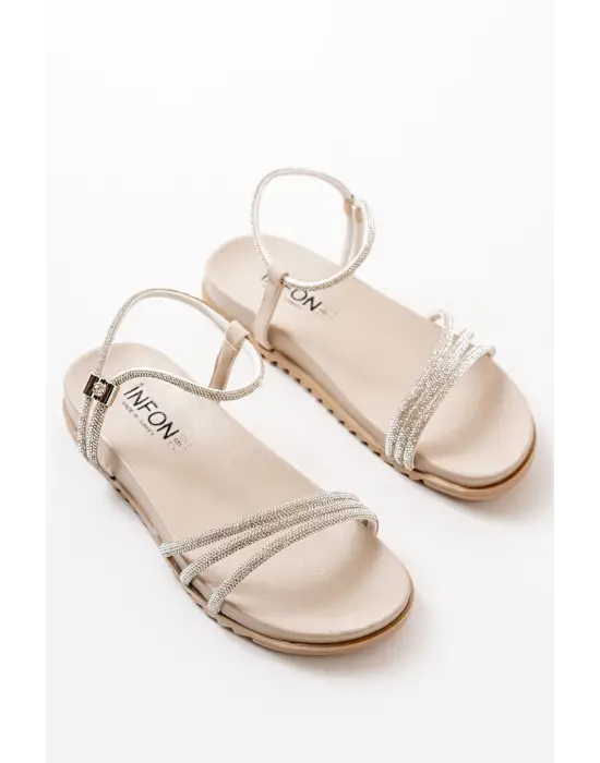 Bej Gümüş Taşlı Günlük Kadın Sandalet