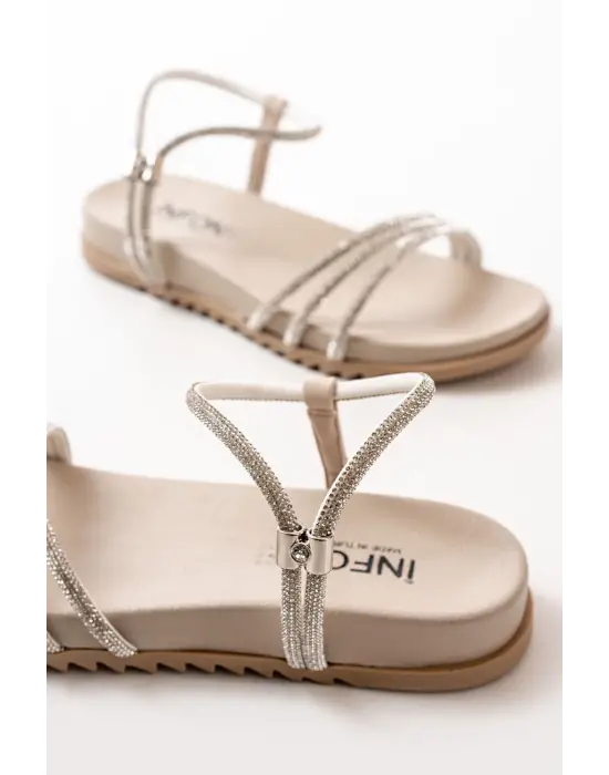 Bej Gümüş Taşlı Günlük Kadın Sandalet