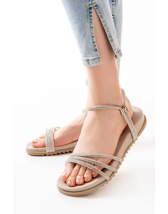 Bej Gümüş Taşlı Günlük Kadın Sandalet