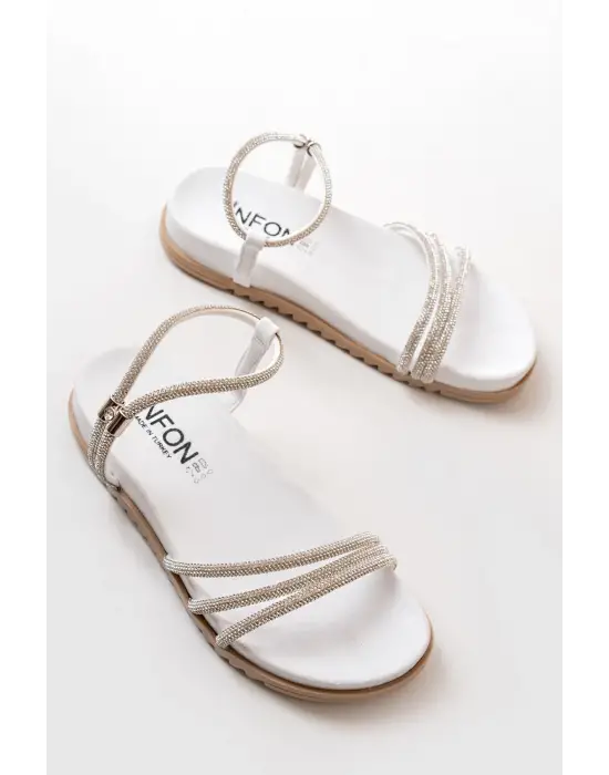 Beyaz Taşlı Kadın Sandalet