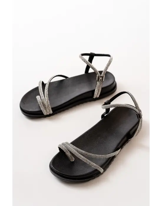 1001-1101 Siyah Gümüş Taşlı Günlük Kadın Sandalet