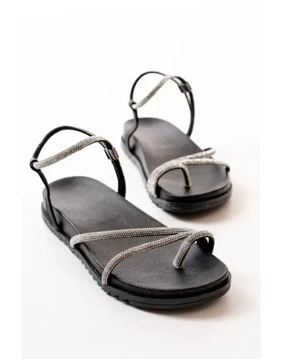 1001-1101 Siyah Gümüş Taşlı Günlük Kadın Sandalet