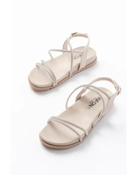 1001-1105 Bej Gümüş Taşlı Günlük Kadın Sandalet