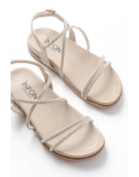 1001-1105 Bej Gümüş Taşlı Günlük Kadın Sandalet