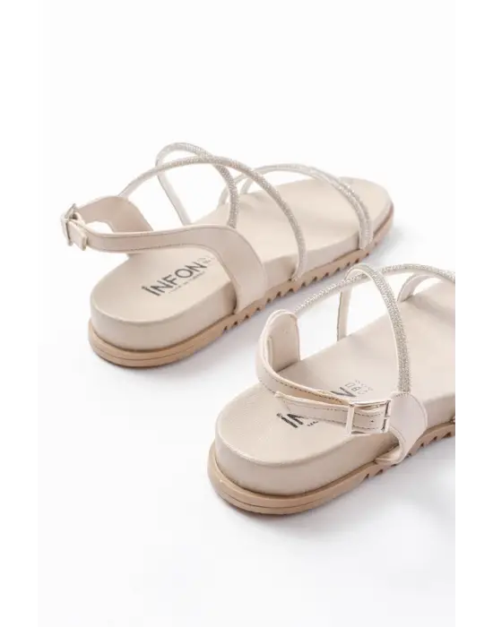 1001-1105 Bej Gümüş Taşlı Günlük Kadın Sandalet