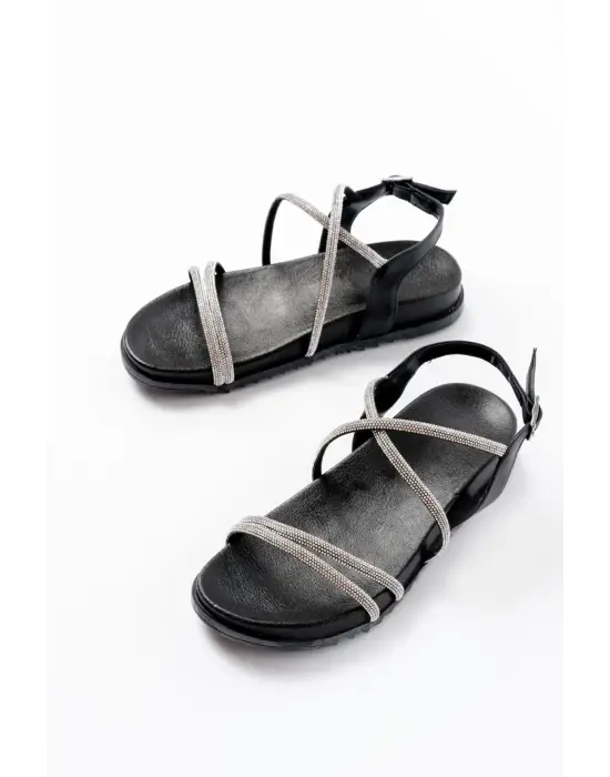 1001-1105 Siyah Gümüş Taşlı Günlük Kadın Sandalet