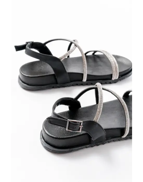 1001-1105 Siyah Gümüş Taşlı Günlük Kadın Sandalet