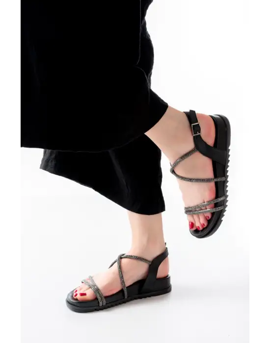 1001-1105 Siyah Platin Taşlı Günlük Kadın Sandalet