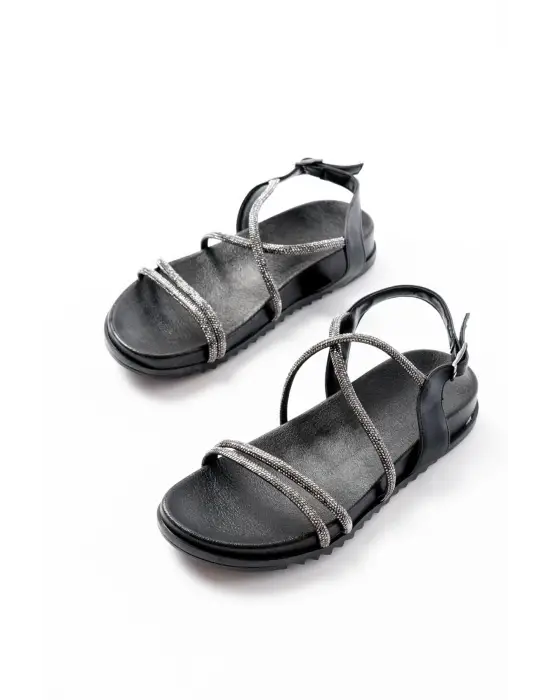 1001-1105 Siyah Platin Taşlı Günlük Kadın Sandalet