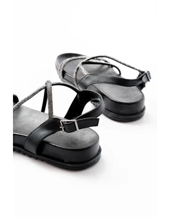 1001-1105 Siyah Platin Taşlı Günlük Kadın Sandalet