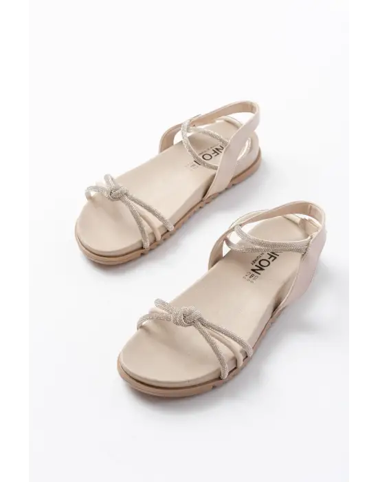 1001-1120 Bej Gümüş Taşlı Günlük Kadın Sandalet