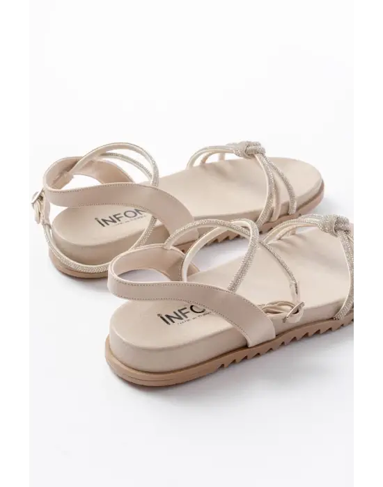 1001-1120 Bej Gümüş Taşlı Günlük Kadın Sandalet