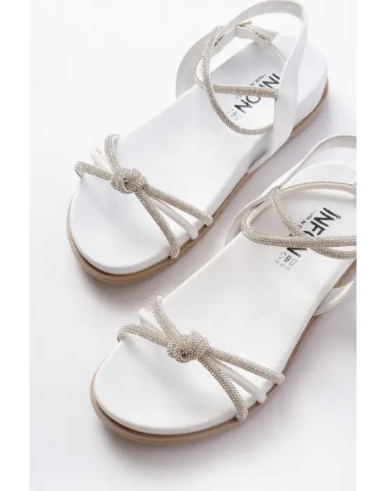 1001-1120 Beyaz Gümüş Taşlı Günlük Kadın Sandalet