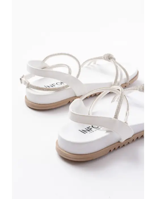 1001-1120 Beyaz Gümüş Taşlı Günlük Kadın Sandalet