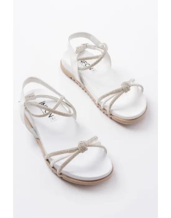 1001-1120 Beyaz Gümüş Taşlı Günlük Kadın Sandalet