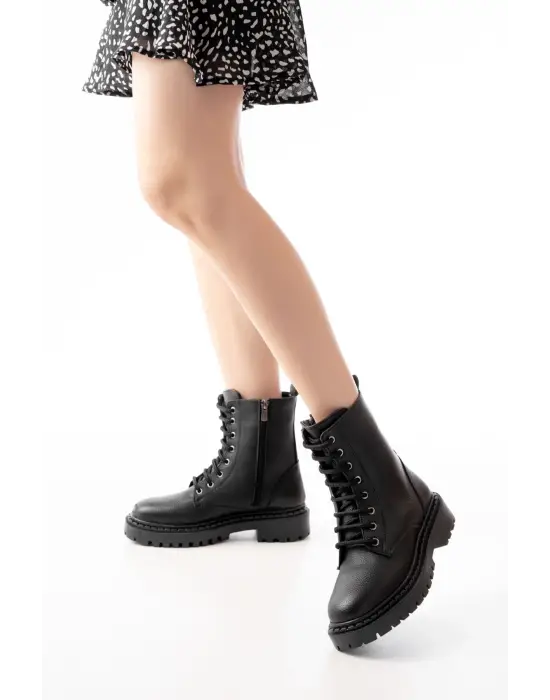 Siyah Luna Bağcıklı Fermuarlı Günlük Kadın Bot