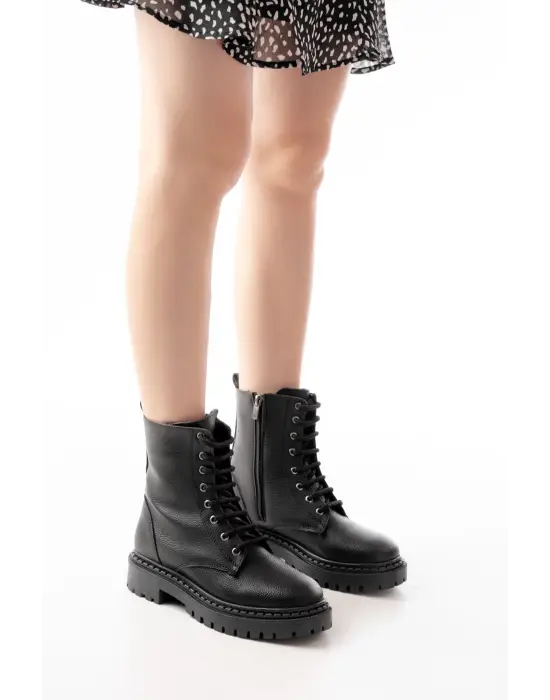 Siyah Luna Bağcıklı Fermuarlı Günlük Kadın Bot