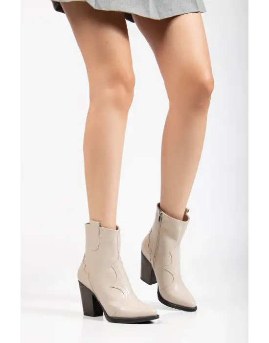 117 Bej Kovboy Dikiş Detaylı Fermuarlı  Yüksek Topuklu Günlük Kadın Bot