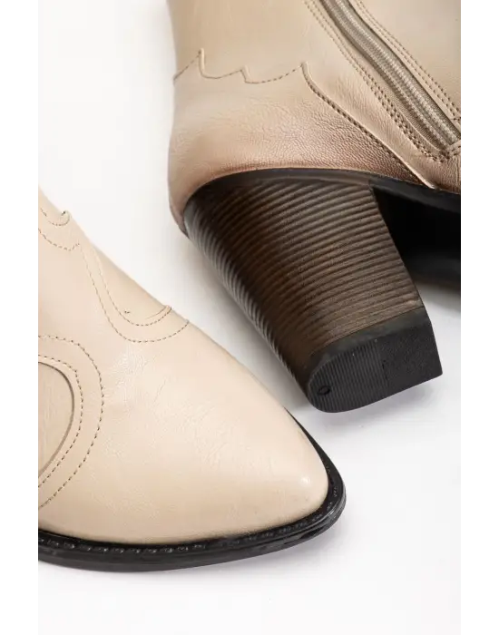 117 Bej Kovboy Dikiş Detaylı Fermuarlı  Yüksek Topuklu Günlük Kadın Bot