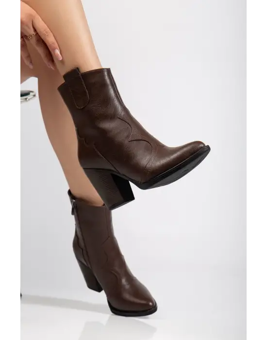 117 Kahve Kovboy Dikiş Detaylı Fermuarlı  Yüksek Topuklu Günlük Kadın Bot