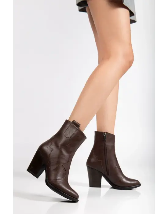 117 Kahve Kovboy Dikiş Detaylı Fermuarlı  Yüksek Topuklu Günlük Kadın Bot