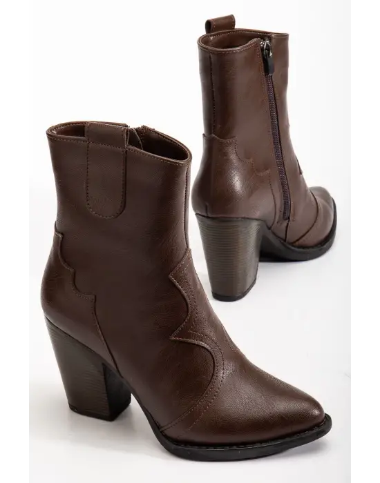 117 Kahve Kovboy Dikiş Detaylı Fermuarlı  Yüksek Topuklu Günlük Kadın Bot