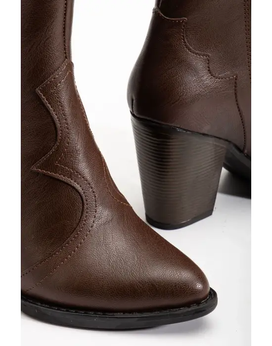 117 Kahve Kovboy Dikiş Detaylı Fermuarlı  Yüksek Topuklu Günlük Kadın Bot