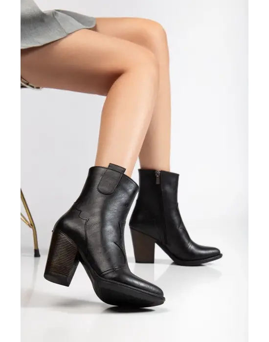 117 Siyah Kovboy Dikiş Detaylı Fermuarlı  Yüksek Topuklu Günlük Kadın Bot