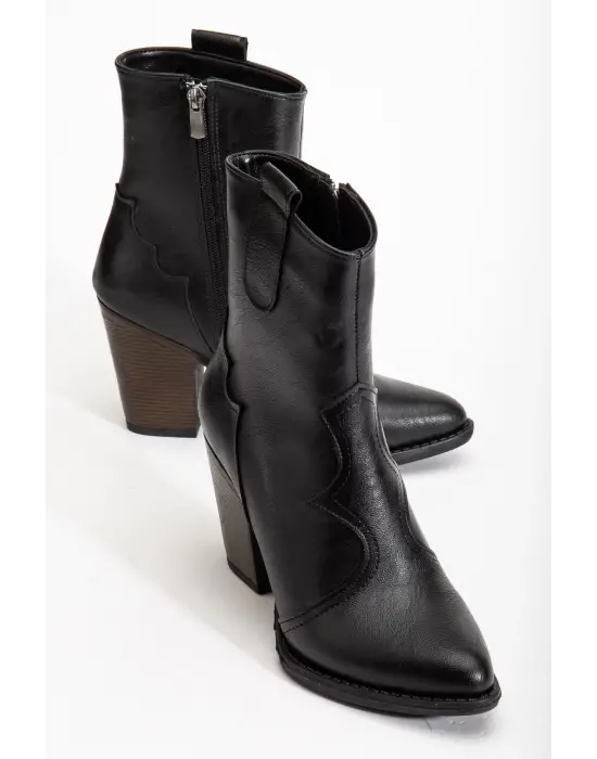 117 Siyah Kovboy Dikiş Detaylı Fermuarlı  Yüksek Topuklu Günlük Kadın Bot