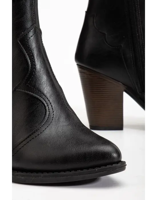 117 Siyah Kovboy Dikiş Detaylı Fermuarlı  Yüksek Topuklu Günlük Kadın Bot