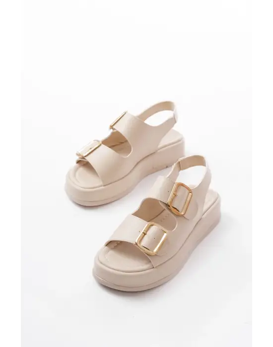 1187 Bej Dolgu Topuk Lastik Baretli  Kadın Sandalet