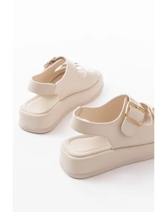 1187 Bej Dolgu Topuk Lastik Baretli  Kadın Sandalet