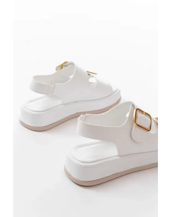 1187 Beyaz Dolgu Topuk Lastik Baretli  Kadın Sandalet