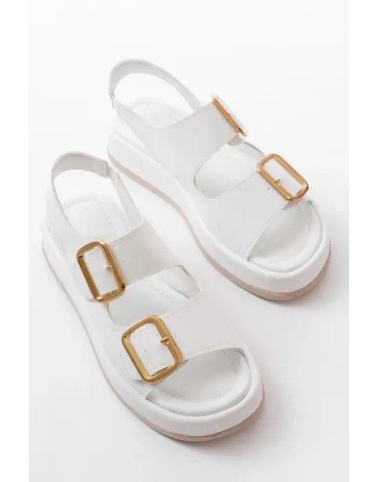 1187 Beyaz Dolgu Topuk Lastik Baretli  Kadın Sandalet