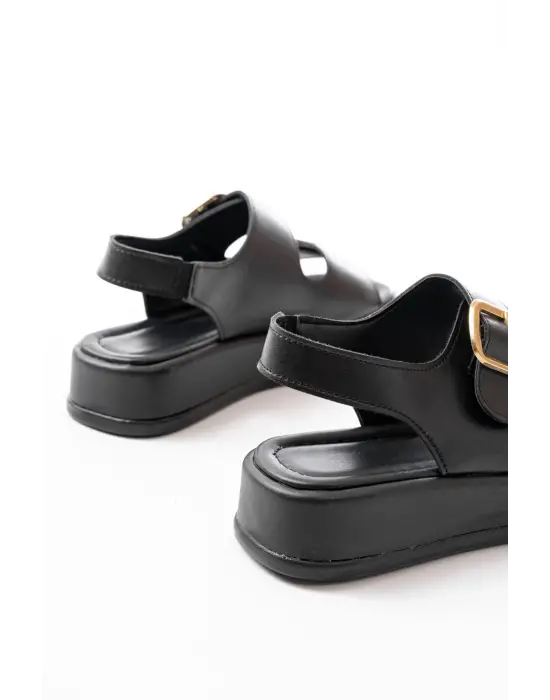 1187 Siyah Dolgu Topuk Lastik Baretli  Kadın Sandalet