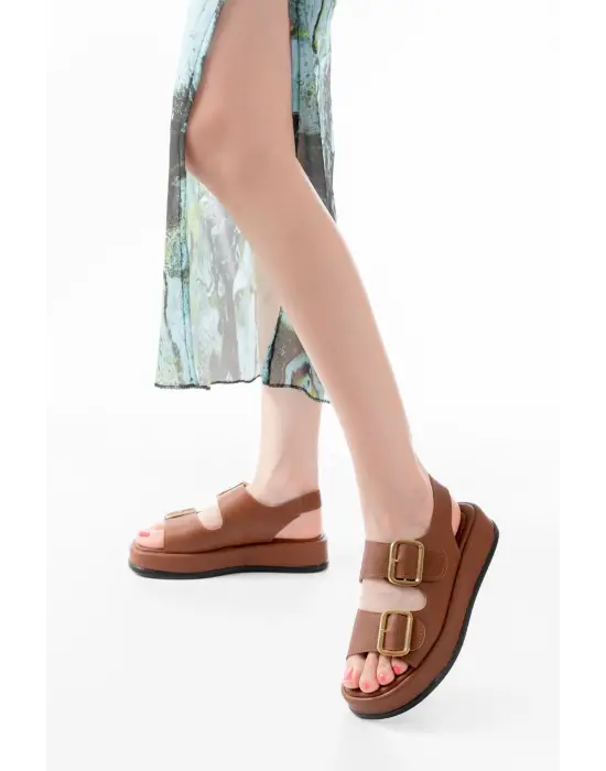 1187 Taba Dolgu Topuk Lastik Baretli  Kadın Sandalet