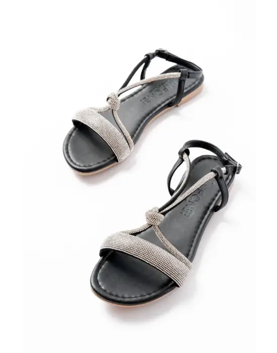 152-1104 Siyah Gümüş Taşlı Günlük Kadın Sandalet