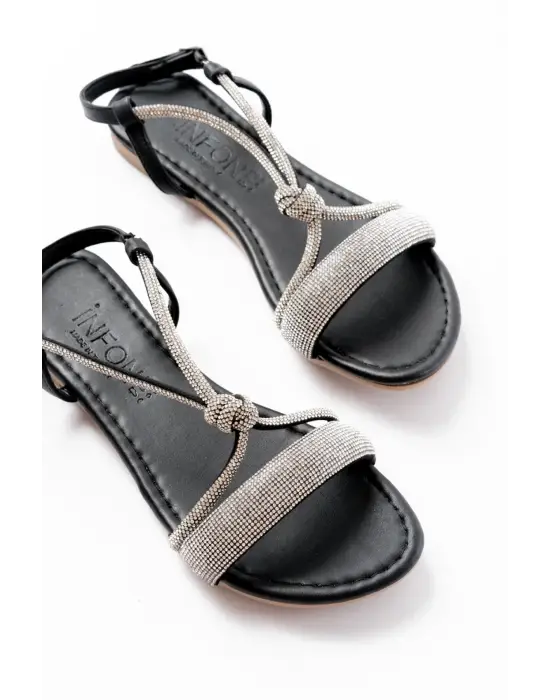 152-1104 Siyah Gümüş Taşlı Günlük Kadın Sandalet