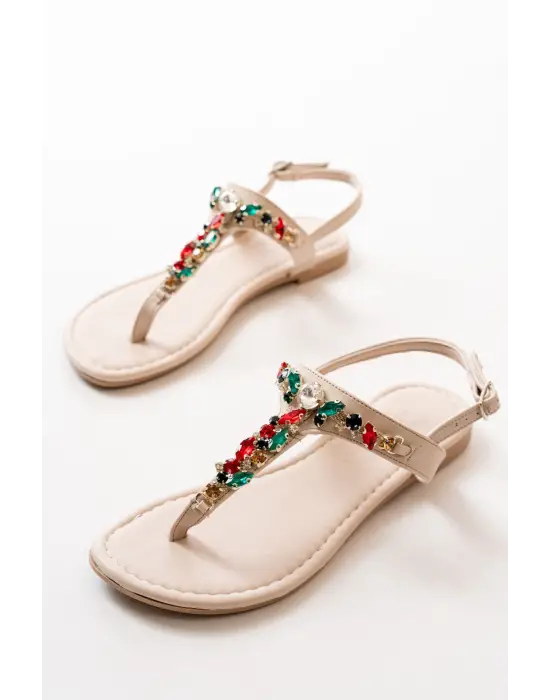 Bej Multi Taşlı Parmak Arası Kadın Sandalet
