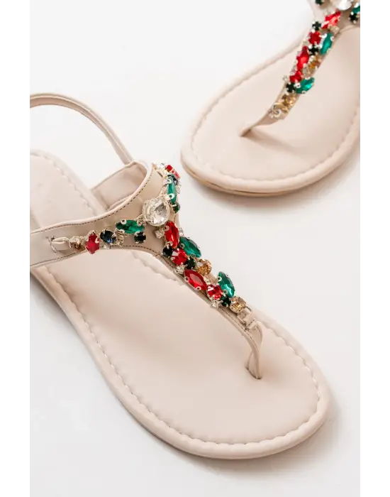 Bej Multi Taşlı Parmak Arası Kadın Sandalet