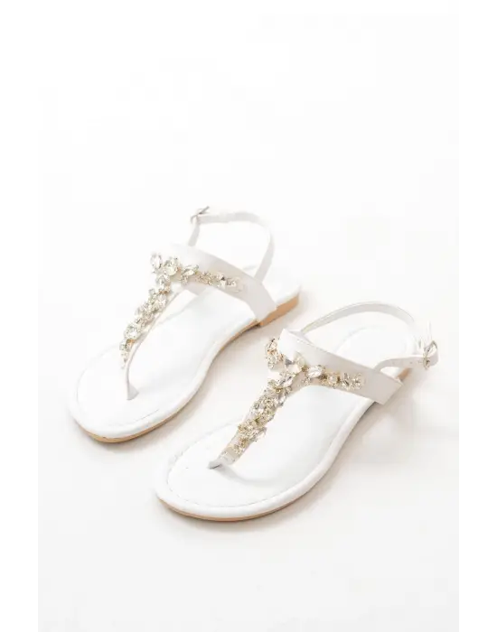 Beyaz Gümüş Taşlı Parmak Arası Kadın Sandalet